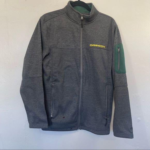 University of Oregon Ducks Gray Jacket with Yellow & Green Zip Up Has Stains - Picture 1 of 12
